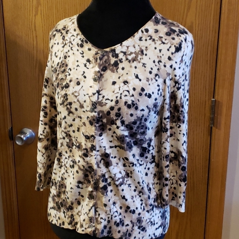 J jill abstract floral cardigan tan grey white 3/4 sleeve